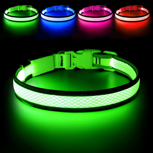 LED Dog Collar, USB Rechargeable Light up Dog Collar Lights, Adjustable Comfortable Soft Mesh Safety Dog Collar for Small, Medium, Large Dogs(Large, Neon Green)