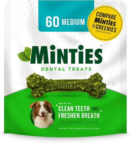 Dental Chews for Dogs, 60 Count, Vet-Recommended Mint-Flavored Dental Treats for Medium Dogs 25-50 Lbs, Dental Bones Clean Teeth, Fight Bad Breath, and Removes Plaque and Tartar