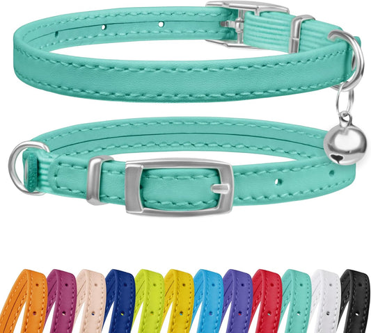 Leather Cat Collar with Bell - Kitten Collar, Small and Big Cat Collar for Boy Cats, Girl Cats with Safety Elastic Strap (Neck Fit 8"-11", Mint Green)