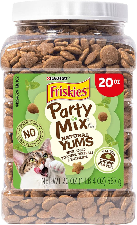 Friskies Made in USA Facilities, Natural Cat Treats, Party Mix Natural Yums Catnip Flavor - 20 Oz. Canister