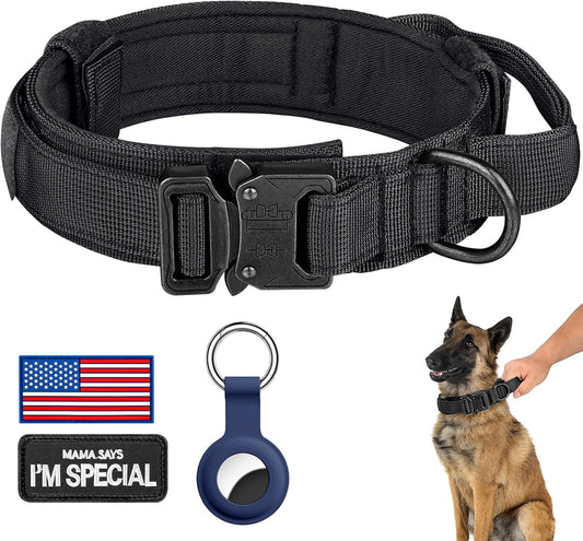 Tactical Dog Collar, Adjustable Military Training Nylon Dog Collar with Control Handle and Heavy Metal Buckle for Medium and Large Dogs, with Patches and Airtags Case (L, Black)