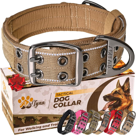 Heavy Duty Dog Collar with Handle - Reflective Brown Dog Collar for Medium Dogs - Wide, Thick, Tactical, Soft Padded - Perfect Dog Collar for Training, and Walking