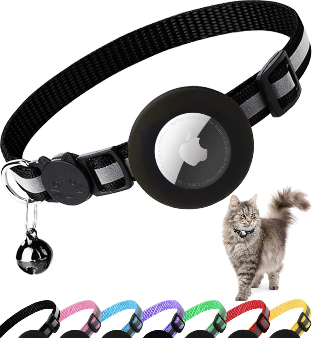 Airtag Cat Collar Breakaway, Reflective Kitten Collar with Apple Air Tag Holder and Bell for Girl Boy Cats, 0.4 Inches in Width and Lightweight(Black)